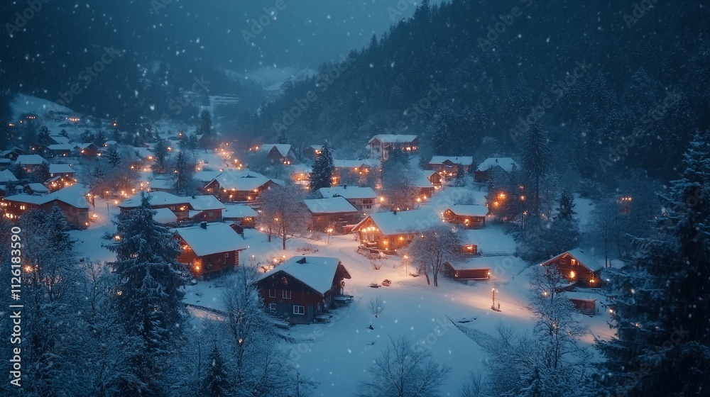 Winter Village Scene, Evening Snowfall, Cozy Cabin Lights, Snowy Mountain Village Winter Village Scene, Evening Snowfall, Cozy Cabin Lights, Snowy Mountain Village