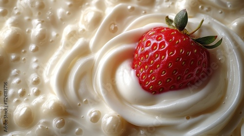 Smooth milk swirling around a ripe strawberry creating a delightful visual treat photo