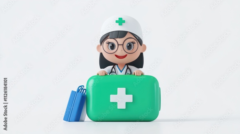 A cheerful cartoon nurse holding a green medical kit, symbolizing healthcare and assistance. A cheerful cartoon nurse holding a green medical kit, symbolizing healthcare and assistance.