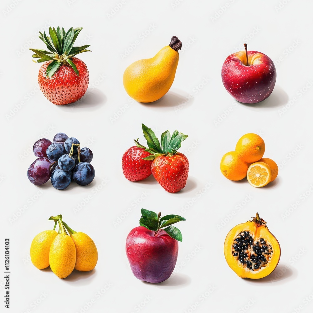 Colorful fruits display on white background still life photography bright and fresh environment Colorful fruits display on white background still life photography bright and fresh environment