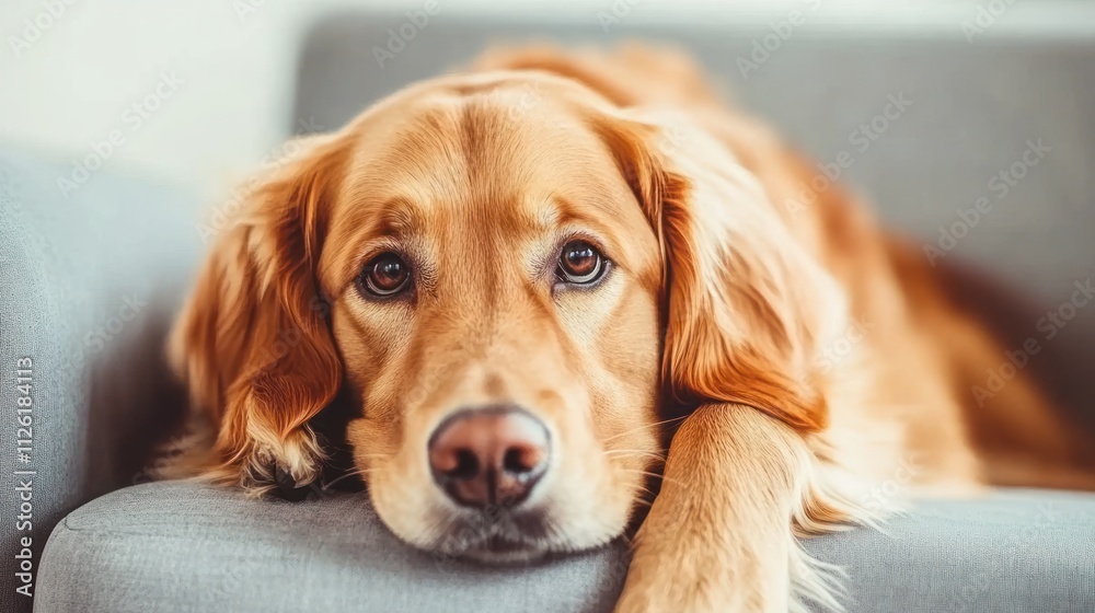 A golden retriever resting on a couch, looking relaxed and attentive. A golden retriever resting on a couch, looking relaxed and attentive.