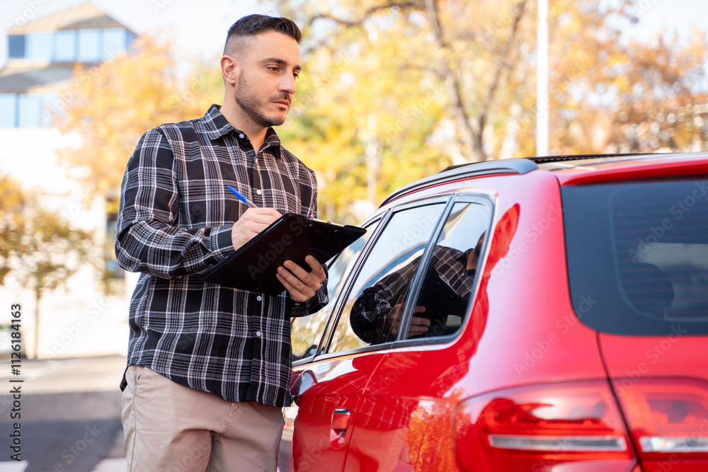 Fototapeta premium Insurance agent writing information on clipboard near red car during insurance claim process on a city street