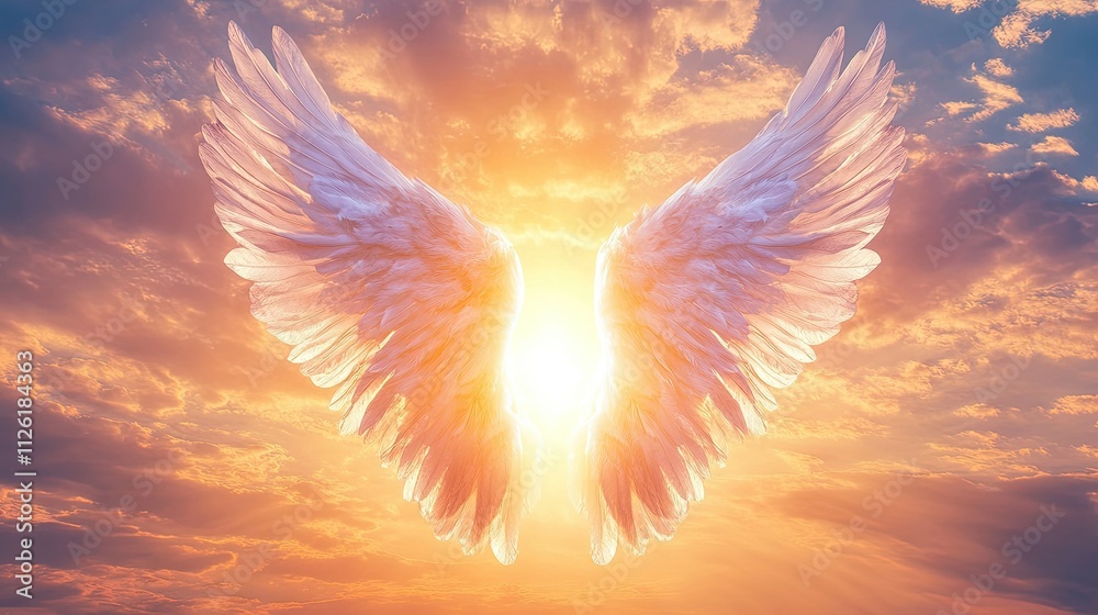 A luminous pair of angel wings against a vivid sunset, with light bursting through the feathers A luminous pair of angel wings against a vivid sunset, with light bursting through the feathers