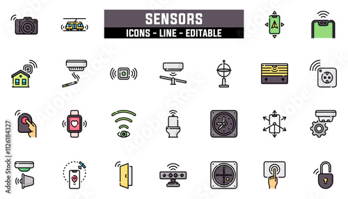 Set of 25 line icons sensors. Editable stroke. Vector illustration