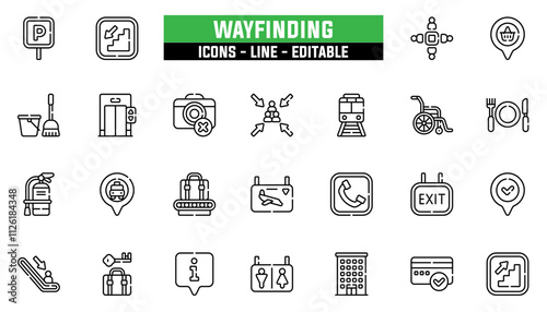 Set of 25 line icons wayfinding. Editable stroke. Vector illustration