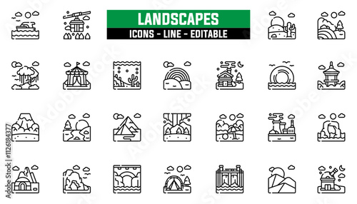 Set of 25 line icons landscapes. Editable stroke. Vector illustration