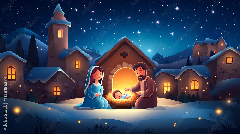 Fototapeta premium Boho style painting representing Nativity scene in Bethlehem. Christmas scene illustration showing holy family baby Jesus in the manger Joseph and Mary. Wallpaper or banner 