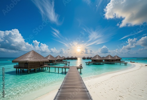 Landscape photos at sunrise at the Maldives beach tourist attraction, beautiful beaches are a tourist attraction for tourists.