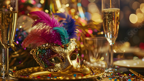 Festive Golden Mask Illustration with Champagne