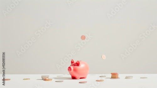 A playful money saving setup, with a piggy bank and scattered coins cleanly displayed on a white background, photo