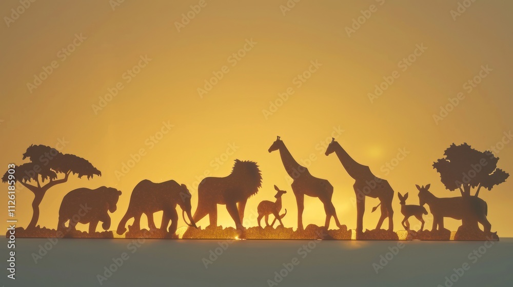 A powerful shot of animals at sunset, recreated on a white surface with warm golden lighting highlighting their silhouettes, A powerful shot of animals at sunset, recreated on a white surface with warm golden lighting highlighting their silhouettes,