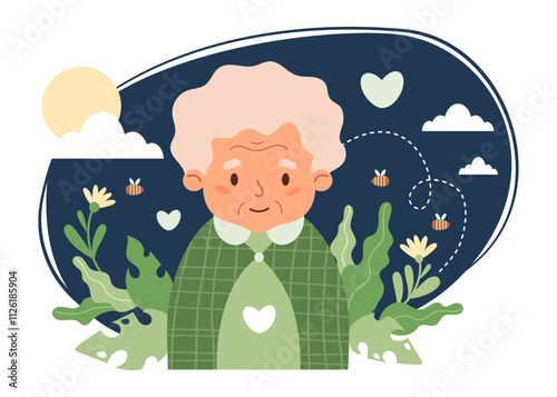Senior Woman Mental Health Nature poster. Cute happy grandma old lady with leaves. Concept beneficial effects of environment, wellness, care, viability and self-love. Vector illustration