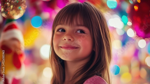 happy child smiling in festive atmosphere with colorful lights