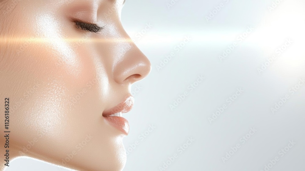 Woman s glowing face, flawless skin highlighted by soft lighting, isolated on white, natural beauty, perfect complexion Woman s glowing face, flawless skin highlighted by soft lighting, isolated on white, natural beauty, perfect complexion