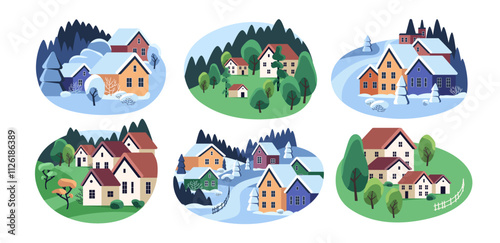 Rural houses are in different seasons landscapes set. Countryside nature with buildings, homes. Winter, summer, spring and autumn in country, village. Flat isolated vector illustrations on white