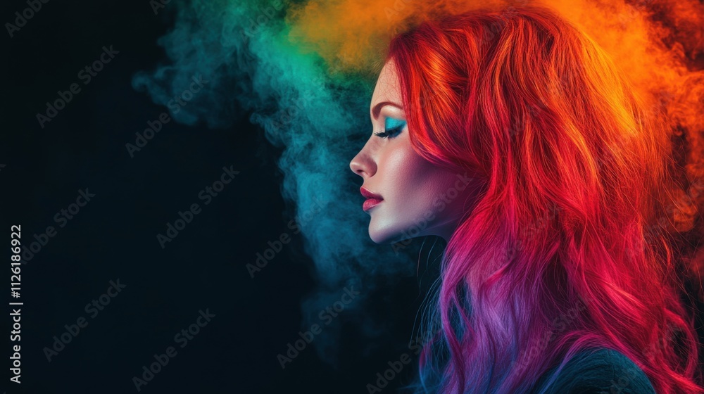 profile of a woman with vibrant multicolored hair and smoke effects profile of a woman with vibrant multicolored hair and smoke effects