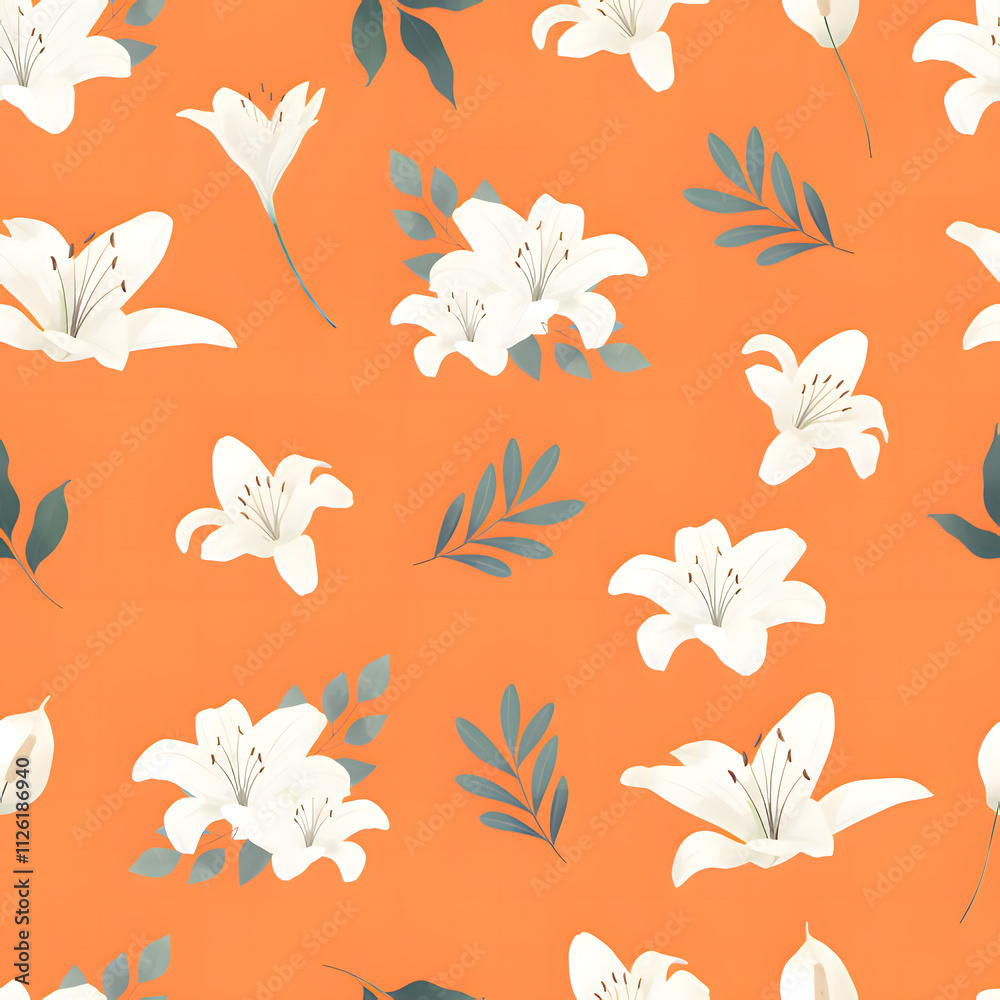 Obraz premium Seamless white floral pattern with orange background