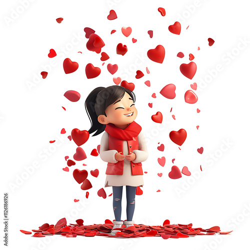 Joyful girl in red scarf surrounded by floating hearts Isolated on Transparent Background