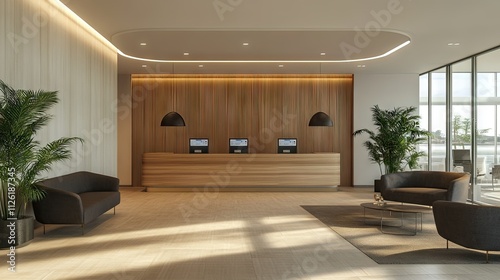 A modern office lobby entrance featuring automated sliding gates with card access terminals photo