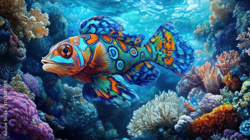 Obraz premium Vibrant Mandarin Fish Swimming in a Coral Reef