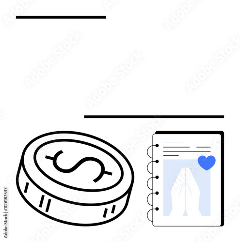 Coin with a dollar sign next to a notebook showing prayer hands and a blue heart. Ideal for finance management, personal budgeting, saving, mindfulness practices, financial planning, charity