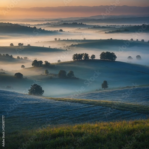 liht blue background  A misty valley where the sunset filters through layers of light fog over the fields. photo