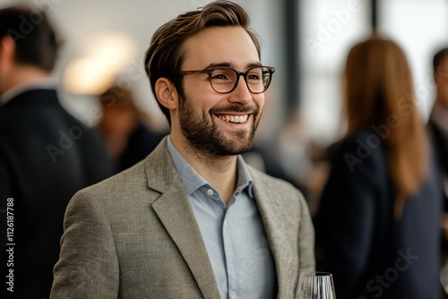 A man in a suit and glasses is smiling and holding a wine glass