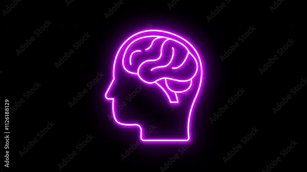 Purple glowing neon line of human head with brain icon on black background. Motion graphic animation in 4k. Purple glowing neon line of human head with brain icon on black background. Motion graphic animation in 4k.