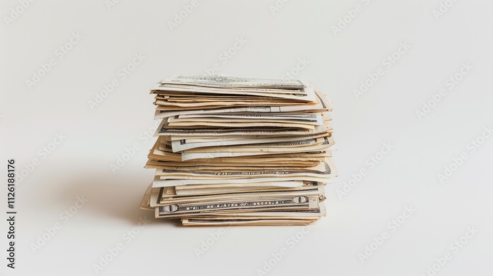 A stack of crisp cash neatly arranged on a clean white background, symbolizing financial success, A stack of crisp cash neatly arranged on a clean white background, symbolizing financial success,
