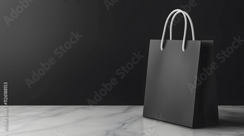 A glossy black shopping bag with white handles sits on a smooth marble surface. The dark background emphasizes the elegance of the bag, suggesting a chic shopping experience.