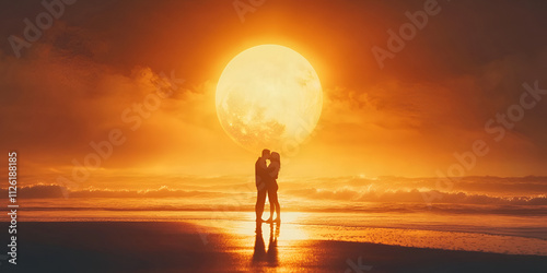 Romantic Couple Silhouette with Vibrant Sunset and Ocean View photo