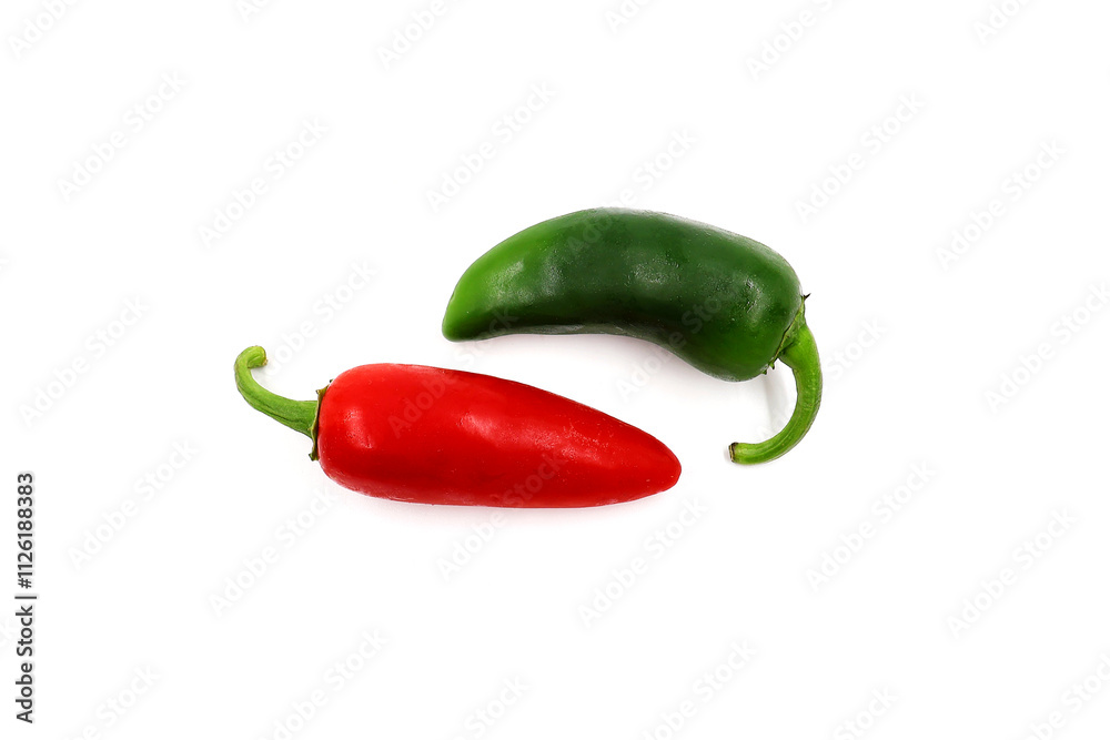 Red and green chili pepper isolated on white background. Jalapeño peppers . Top view. Red and green chili pepper isolated on white background. Jalapeño peppers . Top view.