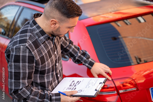 Insurance agent filling out a damage report on a red car, assessing the extent of the damage for an insurance claim