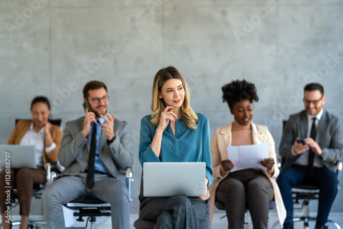 Group of young business people working as a team and communicating in corporate office