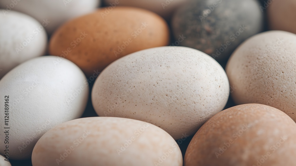 A collection of smooth, rounded stones in varying natural colors is displayed closely together.