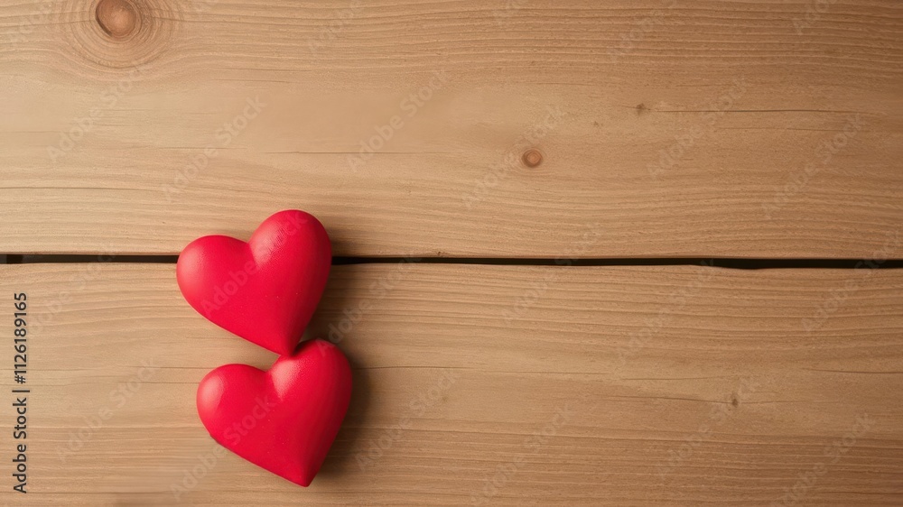 Valentines day background with two red hearts on wooden texture, copy space Valentines day background with two red hearts on wooden texture, copy space