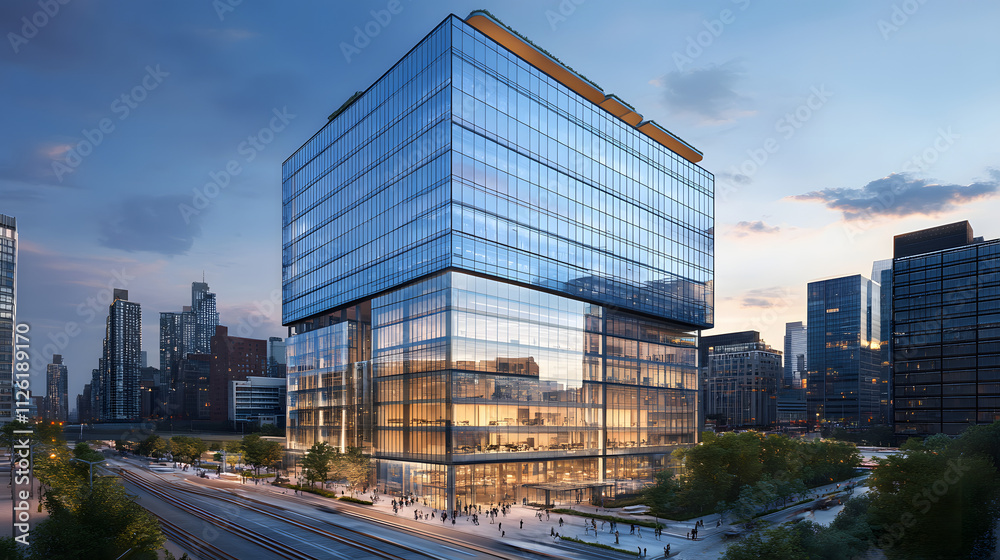 Fototapeta premium A sleek glass office building with illuminated interiors at sunset, surrounded by an urban cityscape and warm evening light. .