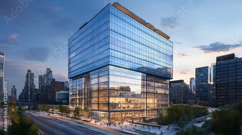 A sleek glass office building with illuminated interiors at sunset, surrounded by an urban cityscape and warm evening light. .