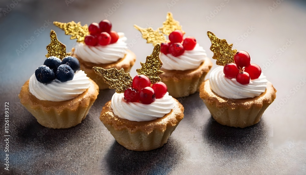 Mini holiday pastries topped with whipped cream and decorated with fresh berries and edible gold leaves Mini holiday pastries topped with whipped cream and decorated with fresh berries and edible gold leaves