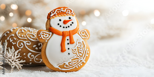 Festive Snowman Cookie on Winter Snow with Warm Lights photo