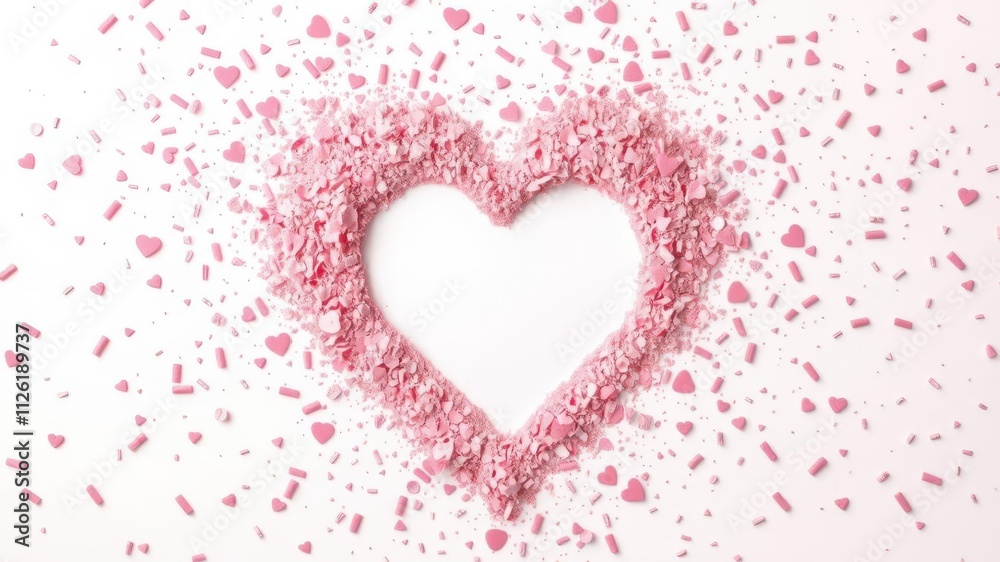 Heart shaped vector pink confetti splash with a white heart-shaped hole in the center, celebration Heart shaped vector pink confetti splash with a white heart-shaped hole in the center, celebration