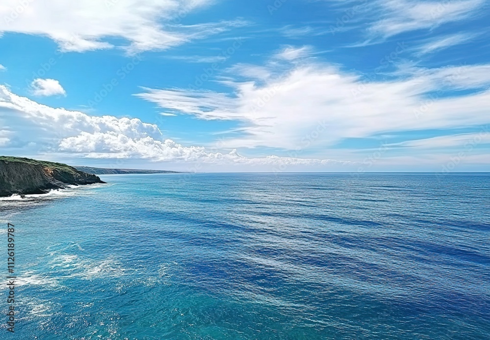A wide shot of the calm blue sea, with white clouds in the sky, creating an endless horizon. A wide shot of the calm blue sea, with white clouds in the sky, creating an endless horizon.