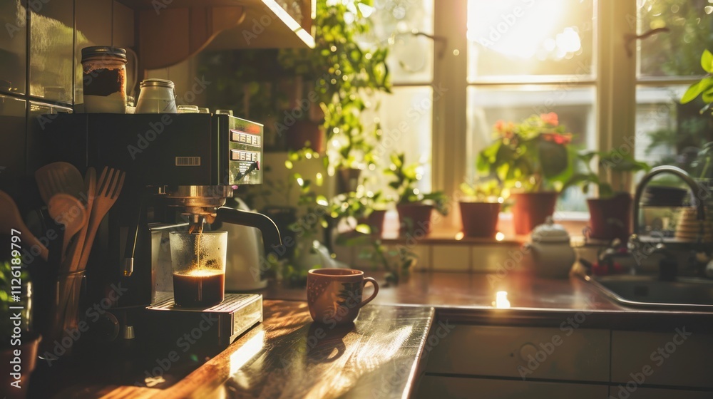 An automated coffee maker brewing coffee in a sunlit kitchen An automated coffee maker brewing coffee in a sunlit kitchen