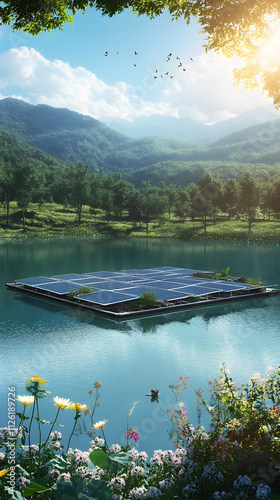 Innovative floating solar farm demonstrating renewable resources on calm lake enhancing climate change solutions nature perspective