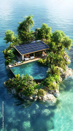 Tropical island powered by renewable resources showcasing tidal energy and solar panels climate change solution aerial view eco-friendly environment