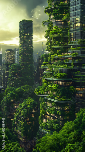 Sustainable urban development green cityscape vertical gardens futuristic architecture climate change solutions renewable resources focus