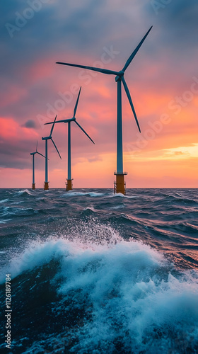 Offshore wind farm at sunset embracing renewable resources to combat climate change coastal waves vibrant skies
