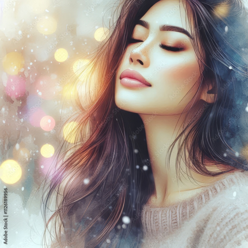 Portrait of a young woman with closed eyes and flowing hair, surrounded by soft bokeh lights and snow. Digital watercolor art Portrait of a young woman with closed eyes and flowing hair, surrounded by soft bokeh lights and snow. Digital watercolor art