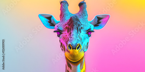 Neon Giraffe Portrait with Vibrant Glow and Abstract Lights photo