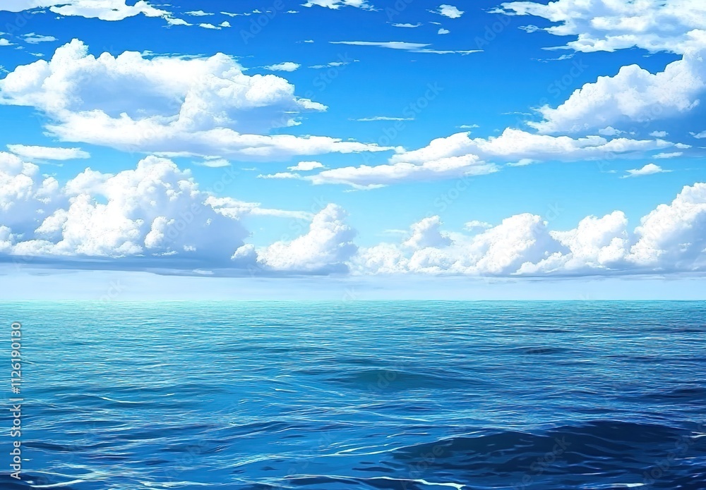 A wide shot of the calm blue sea, with white clouds in the sky, creating an endless horizon. A wide shot of the calm blue sea, with white clouds in the sky, creating an endless horizon.